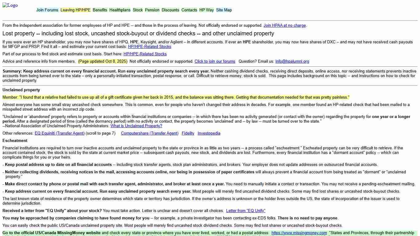 Stock-Unclaimed Property. HP/HPE Alumni