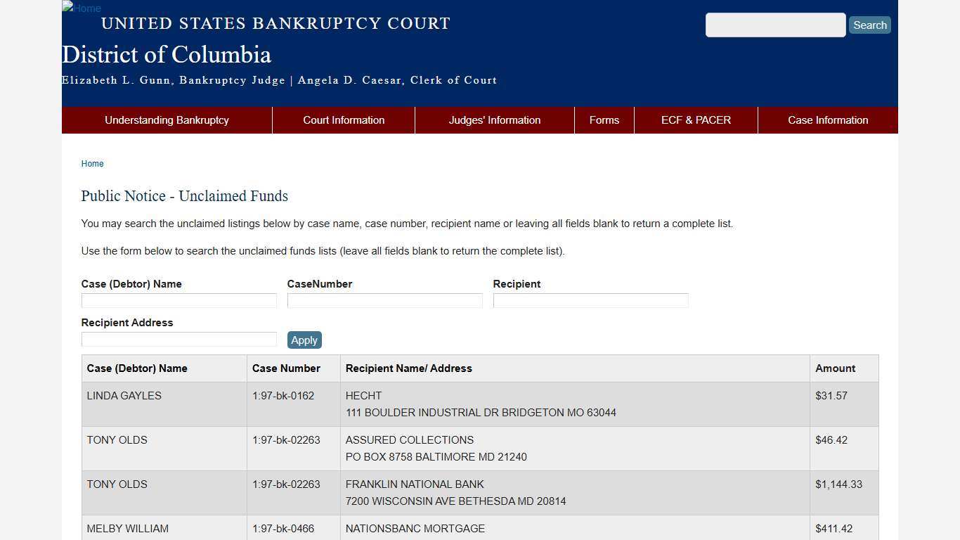Public Notice - Unclaimed Funds District of Columbia United States Bankruptcy Court